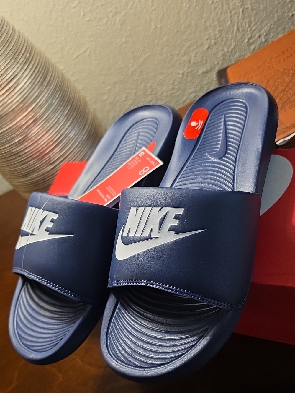 Nike Victori One Navy Blue Slides with White Swoosh Mens 8/Womens 10